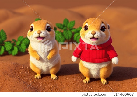 Two cartoon rabbits standing next to each other. 114400608