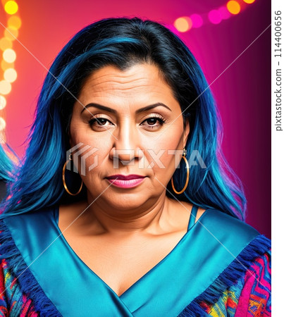 The woman in the image is wearing a blue shirt and has long, curly hair. 114400656