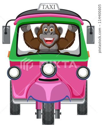 Cheerful Monkey Driving Colorful Taxi 114400805