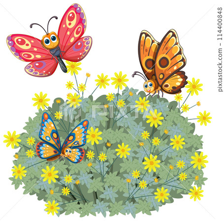 Colorful Butterflies on Flowering Bush Colorful Butterflies on Flowering Bush 114400848