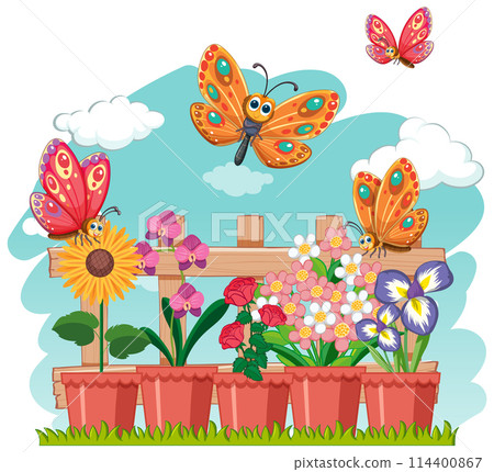 Colorful Butterflies in a Flower Garden 114400867