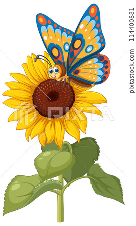 Colorful Butterfly on Sunflower Illustration Colorful Butterfly on Sunflower Illustration 114400881