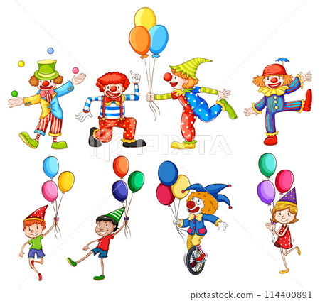 Colorful Circus Clowns and Happy Children 114400891