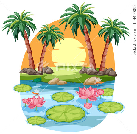 Tropical Sunset Over Tranquil Pond Tropical Sunset Over Tranquil Pond 114400892