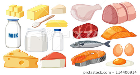 Assorted Dairy and Protein Food Illustrations Assorted Dairy and Protein Food Illustrations 114400914