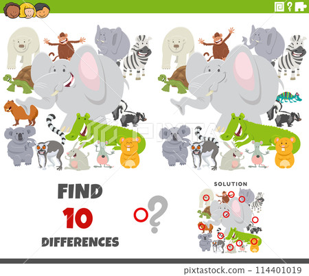 differences game with cartoon wild animals group 114401019