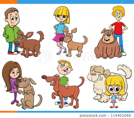cartoon children and teens and their dogs characters set cartoon children and teens and their dogs characters set 114401048