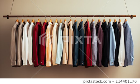 Shirts on hanger. Set of clothes in the store wardrobe or fitting room. Shirts on hanger. Set of clothes in the store wardrobe or fitting room. 114401176