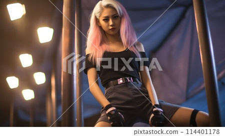 Pretty asian woman in black cloth. Portrait of attractive luxury model. Young glamour person. Stylish fashionable cool lady. AI generated 114401178