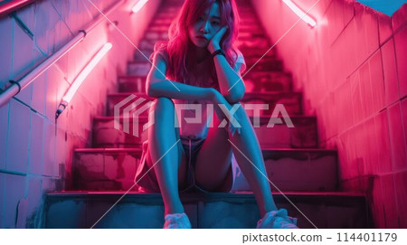 Asian woman sitting at stairs, trendy neon urban background. Glamour fashion lady, attractive beautiful portrait of girl. AI generated Asian woman sitting at stairs, trendy neon urban background. Glamour fashion lady, attractive beautiful portrait of girl. AI generated 114401179