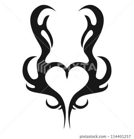 Neo tribal heart y2k aesthetic tattoo gothic cover, fire or wings abstract silhouette isolated on background. Divider, border, cyber body ornament, neotribal web goth decoration 114401257