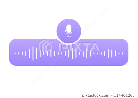 Sound record wave, talk, voice chat, phone app screen, audio player button isolated on white background. Simple media equalizer, podcast decibel sound track. 114401263