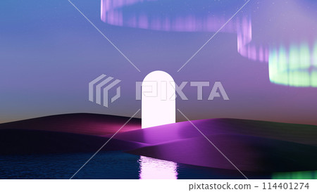 3D render, Surreal scene of light arches on dune with aurora light sky background, fantasy landscape background. 114401274