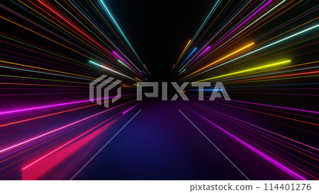 3D render, Abstract speed light trails with colorful neon on floor and dark background, technology fast moving concept. 114401276