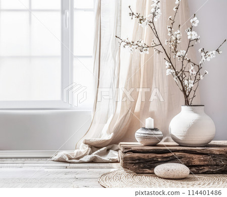 Minimalist interior design composition in a bright room with Scandinavian and zen decor. Home interiors in a luxurious style. 114401486