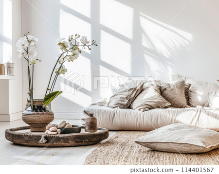 Minimalist interior design composition in a bright room with Scandinavian and zen decor. Home interiors in a luxurious style. 114401567