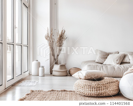 Minimalist interior design composition in a bright room with Scandinavian and zen decor. Home interiors in a luxurious style. 114401568