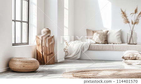 Minimalist interior design composition in a bright room with Scandinavian and zen decor. Home interiors in a luxurious style. 114401570