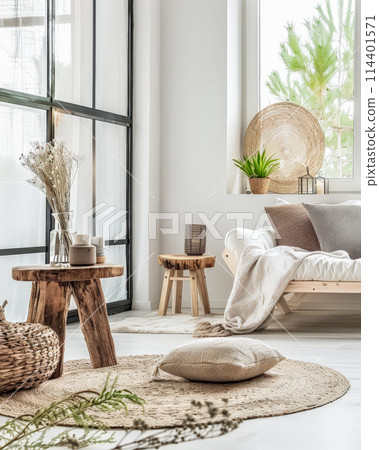 Minimalist interior design composition in a bright room with Scandinavian and zen decor. Home interiors in a luxurious style. 114401571