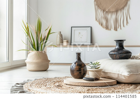 Minimalist interior design composition in a bright room with Scandinavian and zen decor. Home interiors in a luxurious style. 114401585