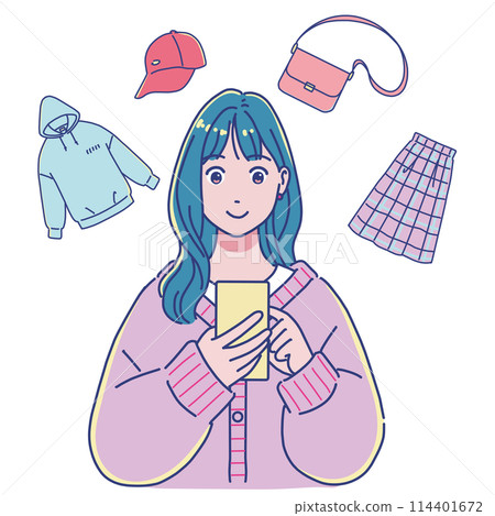 用智慧型手機買賣衣服的女孩 114401672