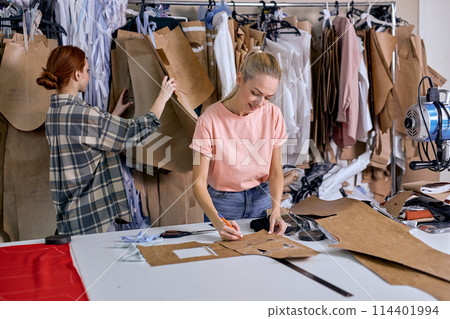 nice successful female fashion designers doing some work in textile factory, choosing fabric nice successful female fashion designers doing some work in textile factory, choosing fabric 114401994