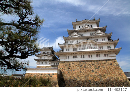 日本城堡姬路城,天守閣在藍天的襯托下熠熠生輝 日本城堡姬路城,天守閣在藍天的襯托下熠熠生輝 114402127