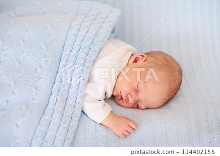 Newborn baby boy on a blue blanket 114402158