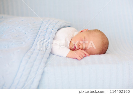 Newborn baby boy on a blue blanket 114402160