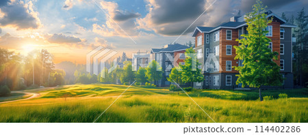 Beautiful panoramic background of the modern apartment houses. Concept of neighborhood and real estate. 114402286