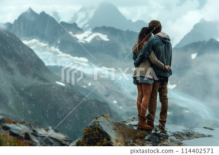 Man and Woman Standing on Mountain Top 114402571
