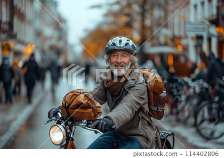 Man Riding Motorcycle Down Street 114402806