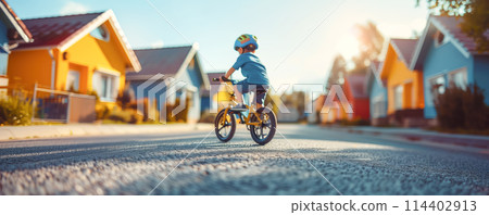 Little child riding on bike at small town in summer on sunset. Leisure activity concept. 114402913