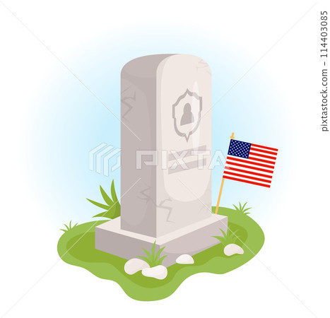 Memorial Day. Grave stone headstone with American flag. Veterans Military Cemetery. Vector illustration for design national traditional holidays USA 114403085