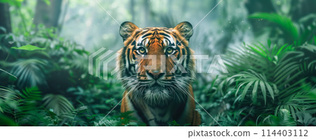 Close-up view of tiger in green forest. Wild animals concept. 114403112