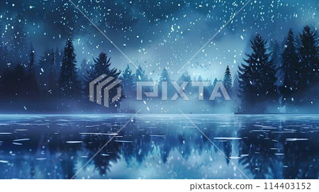 Dark fantasy winter forest. Night landscape with trees, fog, moon and rays of light. Winter background 114403152