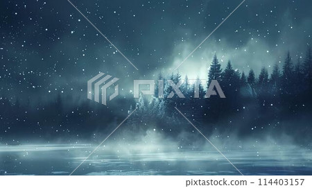 Dark fantasy winter forest. Night landscape with trees, fog, moon and rays of light. Winter background Dark fantasy winter forest. Night landscape with trees, fog, moon and rays of light. Winter background 114403157