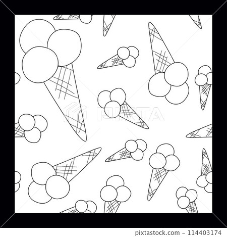 Ice cream Vector Seamless Pattern, Repeating background. Outline Sweet Dessert Template for Textile, Fabric, Wrapping Paper, Clothes Design. Sorbet or Gelato in Cone Doodle illustration with Frame Ice cream Vector Seamless Pattern, Repeating background. Outline Sweet Dessert Template for Textile, Fabric, Wrapping Paper, Clothes Design. Sorbet or Gelato in Cone Doodle illustration with Frame 114403174
