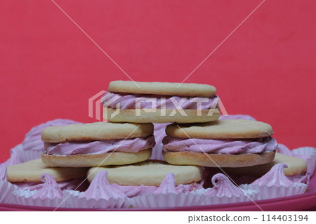 Cooked marshmallow sandwiches. They lie on plate. Next on the plate is a marshmallow of various sizes. Cooked marshmallow sandwiches. They lie on plate. Next on the plate is a marshmallow of various sizes. 114403194