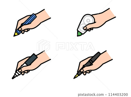 Set of hands holding stationery such as pens 114403200