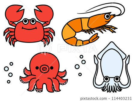 Sea creatures: shrimp, crab, octopus, squid 114403231