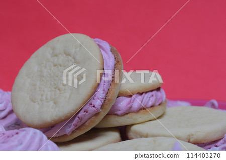 Cooked marshmallow sandwiches. They lie on plate. Cooked marshmallow sandwiches. They lie on plate. 114403270