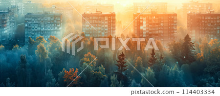 Apartment buildings in downtown district in big populated area. Overpopulated city concept, 114403334