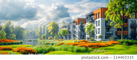 Beautiful panoramic background of the modern apartment houses. Concept of neighborhood and real estate. 114403335