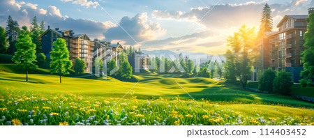 Beautiful panoramic background of the modern apartment houses. Concept of neighborhood and real estate. 114403452