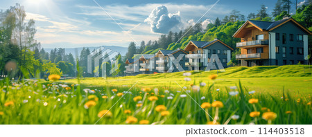 Beautiful panoramic background of the modern apartment houses. Concept of neighborhood and real estate. 114403518