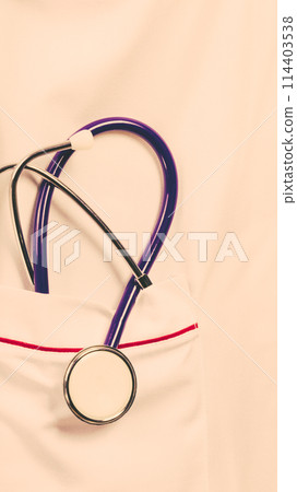 Blue stethoscope in doctor pocket. 114403538