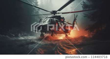 A rescue helicopter hovering under flooded area. Flood and storm relief concept. 114403718
