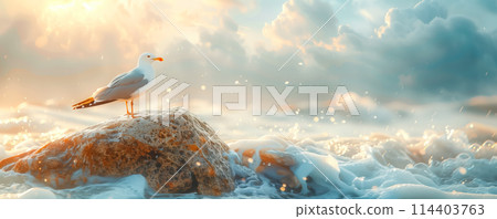 Illustration of seagull standing on the rock in the sea. Bird in wildlife. 114403763