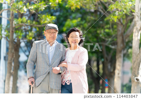 拄著綠色拐杖行走的老夫婦 114403847